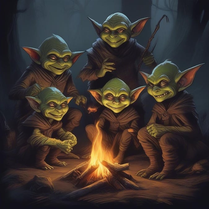 A gathering of mischievous Ewoks, huddling around a fire with their signature twisted grins.