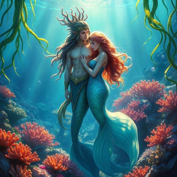 A couple shares an intimate moment beneath the sea, celebrating their love amidst the beauty of underwater life.