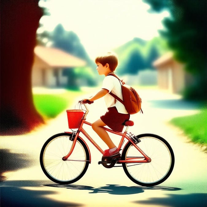 A young boy riding his bicycle, ready for the school day ahead.