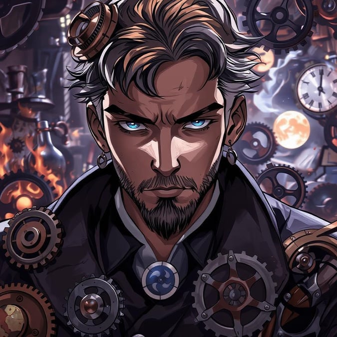 A masterful inventor surrounded by his clockwork creations, lost in thought amidst the cogs and gears.