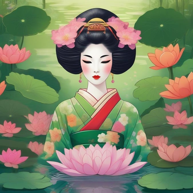 Bu muhteşem duvar kağıdı, sakin bir göletin üzerinde süzülen animasyonlu bir geishayı, lotus çiçekleriyle dolu yemyeşil bir manzaranın ortasında gösteriyor. Geisha canlı bir yeşil renkte, büyük ve ifade dolu bir yüzle, renklerin bir kaleidoskobu ile çevrili olarak anime tarzı bir sahne yaratıyor.