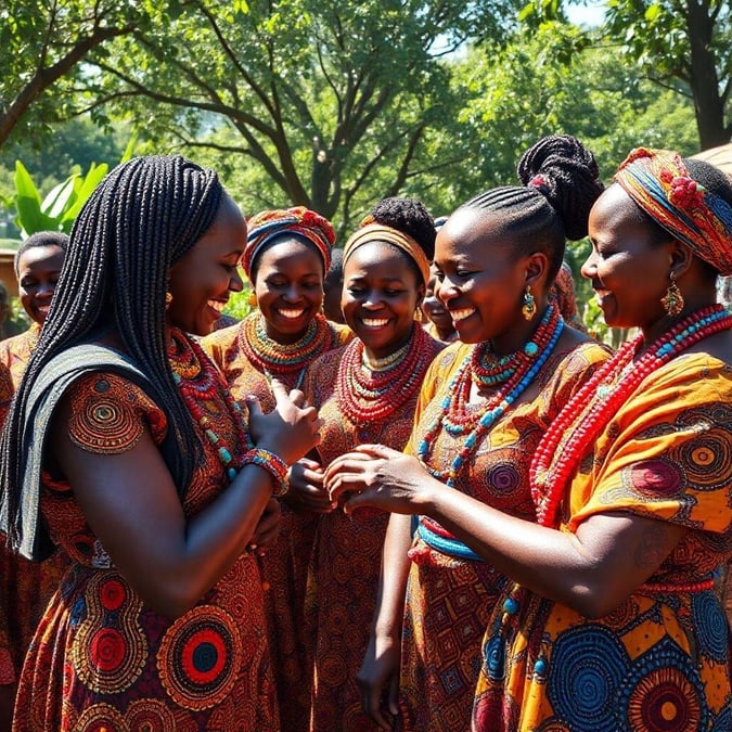 A vibrant gathering of people dressed in traditional clothing, celebrating together at a festival. They are smiling and appear to be dancing.