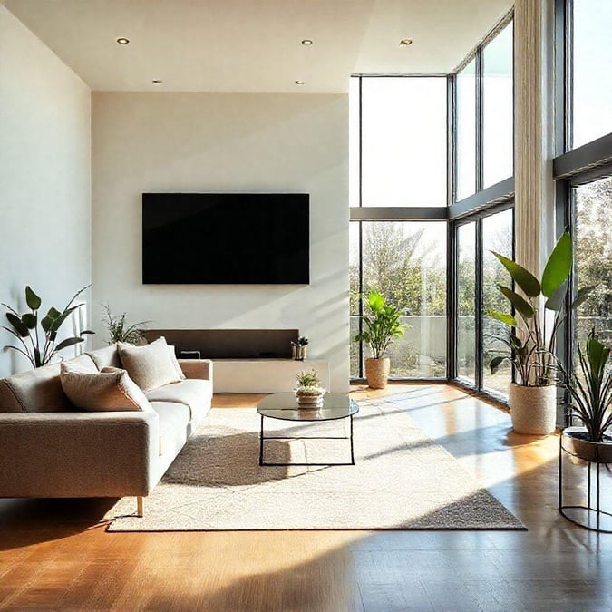 This image is a wallpaper for your desktop or mobile device, showcasing a modern living room with a minimalist aesthetic. The room features a sleek and contemporary design, with clean lines, neutral colors, and a focus on functionality. The image is perfect for those who appreciate a stylish and sophisticated living space.