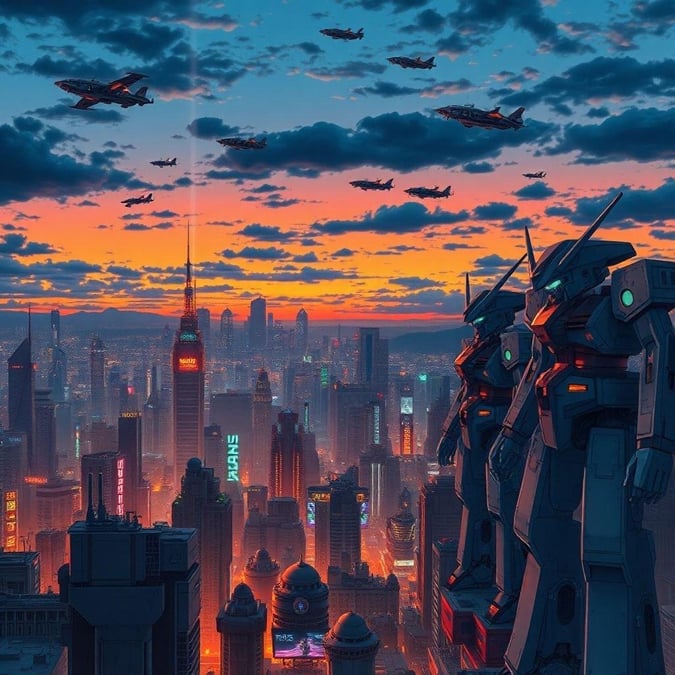 Immerse yourself in the vibrant world of anime with this captivating cityscape wallpaper. The futuristic metropolis comes alive at dusk, with towering robots standing guard amidst the bustling streets. Their sleek bodies glisten in the fading light, while their intense gaze commands your attention. This stunning image is perfect for fans of anime and science fiction, offering a unique blend of action and atmosphere.