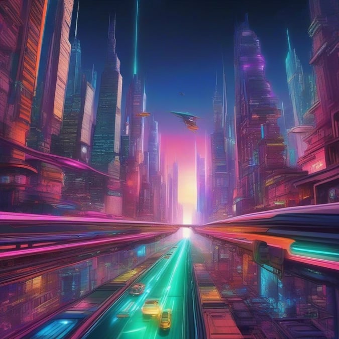 Un paysage urbain futuriste avec des gratte-ciel imposants, un trafic animé et une lueur néon vibrante sous le ciel crépusculaire.