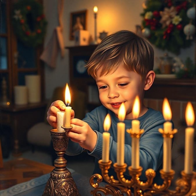 A young boy lighting the Hanukkah candles, capturing the warmth and spirit of the holiday.