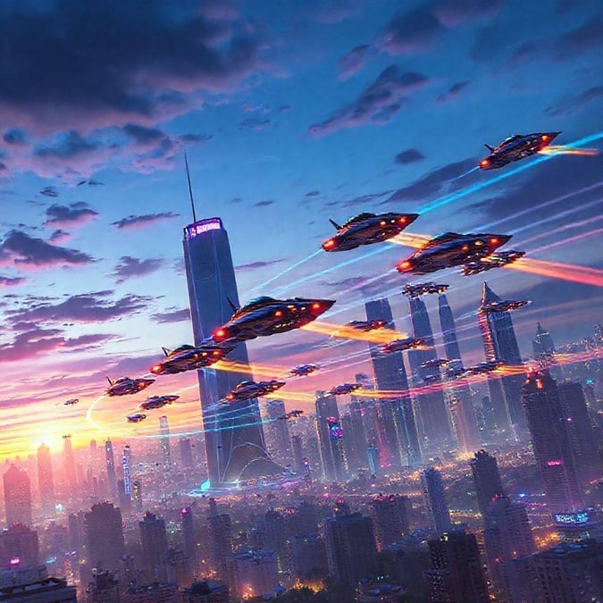 A high-tech city skyline at sunset, with flying cars racing through the air and illuminated skyscrapers reflecting off the clouds.