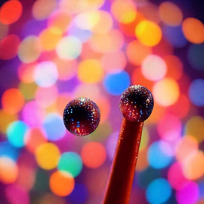 A close-up of two water droplets on a matchstick, with a colorful background that resembles a bokeh effect, creating a visually striking and unique image.