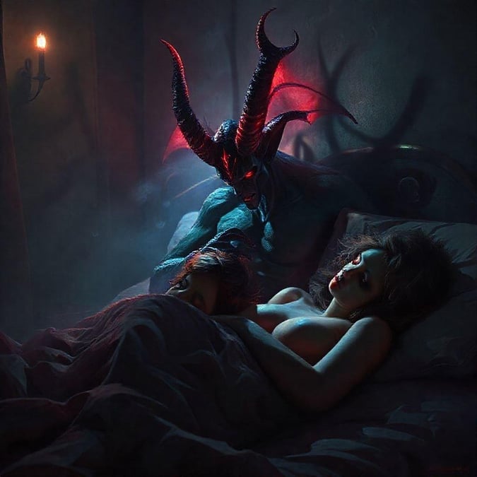 A fantastical scene unfolds as a woman lies in bed, her eyes wide open in the face of an unexpected guest. The demon, with its red horns and wings, stands by her side, casting an otherworldly glow. This could be either a dream or something far more real.