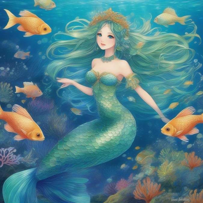 Erkunde die bezaubernde Unterwasserwelt, während eine schöne Meerjungfrau mit Anmut neben einem lebhaften Schwarm von Fischen schwimmt. Die detaillierte Anime-Illustration fängt die Magie und das Geheimnis dieses subaquatischen Reiches ein, wobei der fließende Schwanz der Meerjungfrau, die funkelnde Krone und das hypnotisierende Haar den ätherischen Charme verstärken.