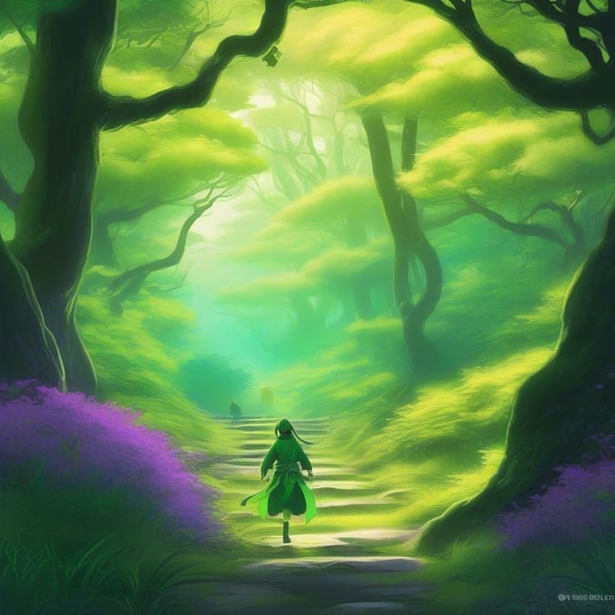 A young ninja navigates through a mystical forest filled with green and purple hues. With a small figure in the foreground, a young girl, and an enigmatic creature lurking in the background, this anime wallpaper captures the allure of adventure.