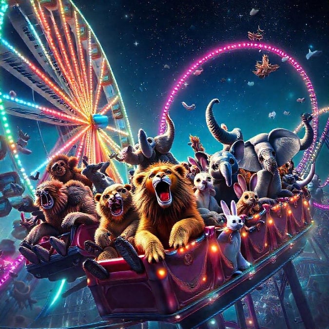 Step into the whimsical world of the carnival, where animals of all kinds come together to enjoy the thrill of the roller coaster ride. With its vibrant lights and joyful atmosphere, this image is sure to bring a smile to your face and transport you to a place of wonder and enchantment.