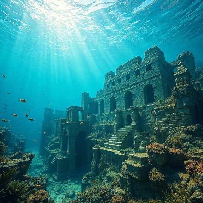 Discover the mystery of an ancient city submerged in crystal blue waters. The stone ruins, columns, and steps hint at a once thriving civilization now lying beneath the ocean's surface.