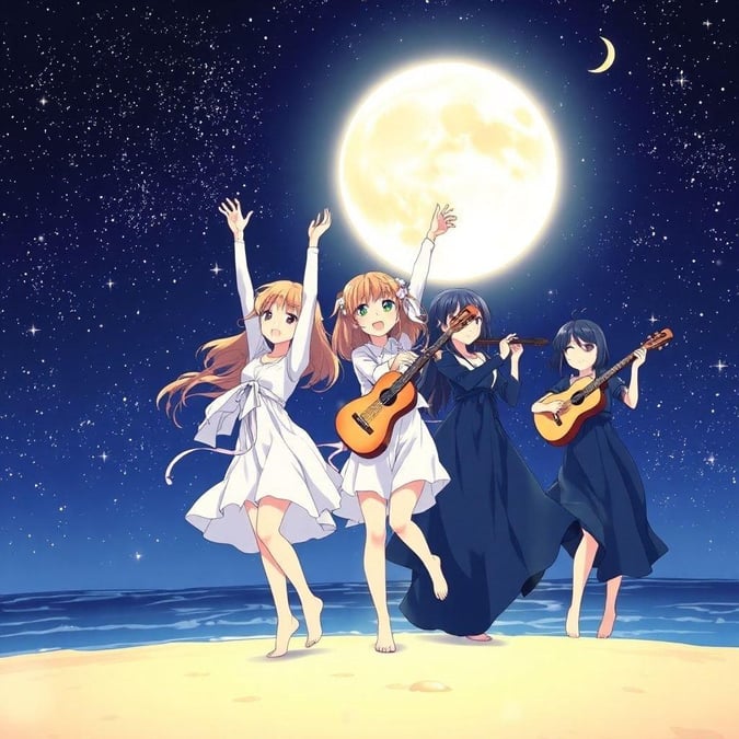 Immerse yourself in the magical world of anime, where music and nature blend in perfect harmony. This captivating wallpaper transports you to a moonlit beach, where four girls come together to create a symphony of sound and beauty.