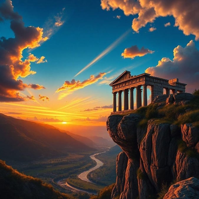 This image captures the serene beauty of an ancient Greek temple perched on a cliff overlooking a breathtaking sunset. The temple's intricate architecture and the vibrant colors of the sky create a stunning visual contrast.