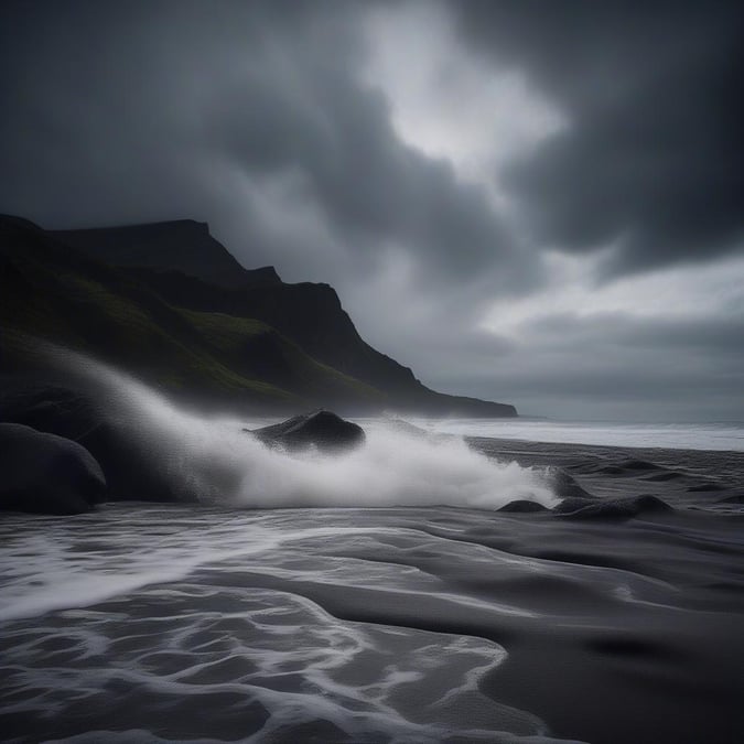 A serene and dramatic black and white landscape of a mountainous region with a cloudy sky.