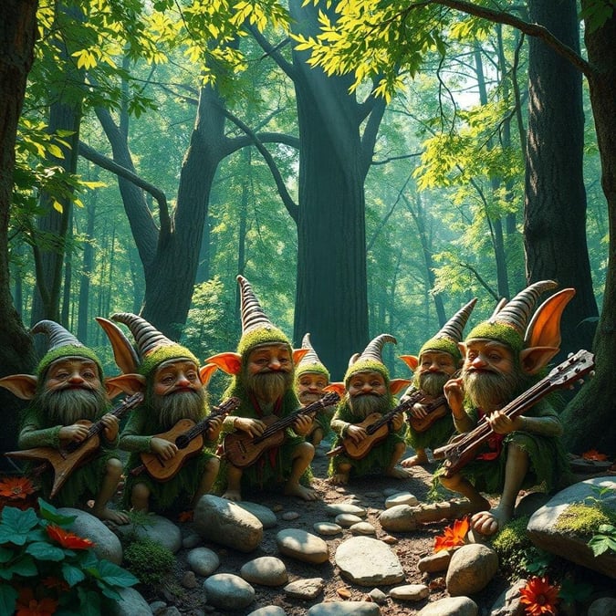 Immerse yourself in the enchanting world of fantasy with this captivating wallpaper featuring a group of gnomes playing musical instruments in a lush forest setting. The image is perfect for fans of fantasy and nature, offering a unique blend of whimsy and beauty.