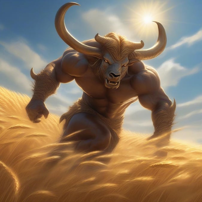 This fantasy creature wallpaper features a majestic minotaur standing proudly in a field of wheat, exuding a sense of power and mystique.