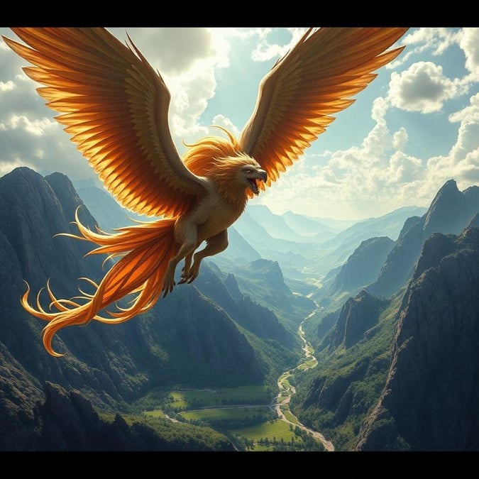 This stunning image captures the awe-inspiring beauty of a fantastical griffin as it gracefully soars through an expansive mountain range. The majestic creature, with its powerful wings and regal posture, is bathed in a soft glow that highlights its unique features against the vibrant backdrop of the mountains. This image is perfect for those who appreciate fantasy creatures and breathtaking landscapes.