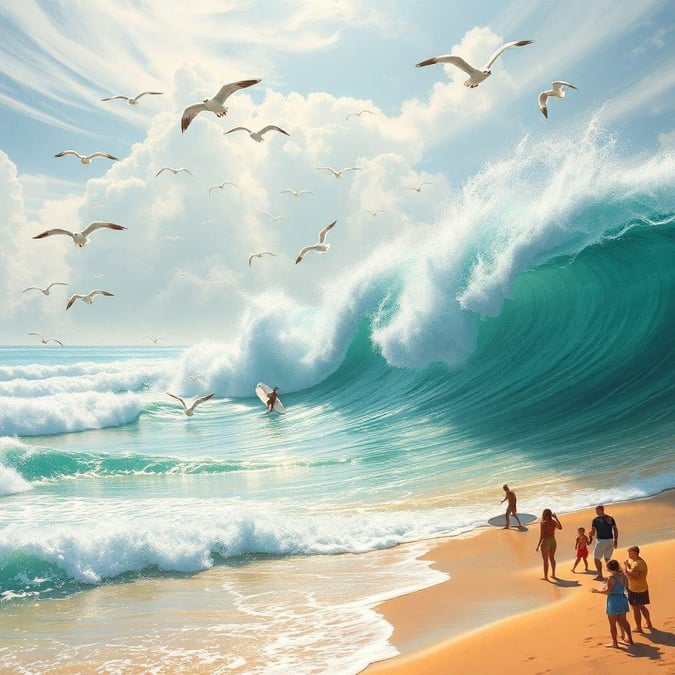 Enjoy the sun, sand, and surf with friends as you watch the majestic ocean waves in this vibrant beach scene.