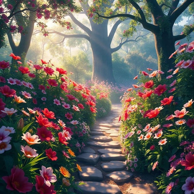 A serene garden pathway through a lush landscape, inviting you into a peaceful world.