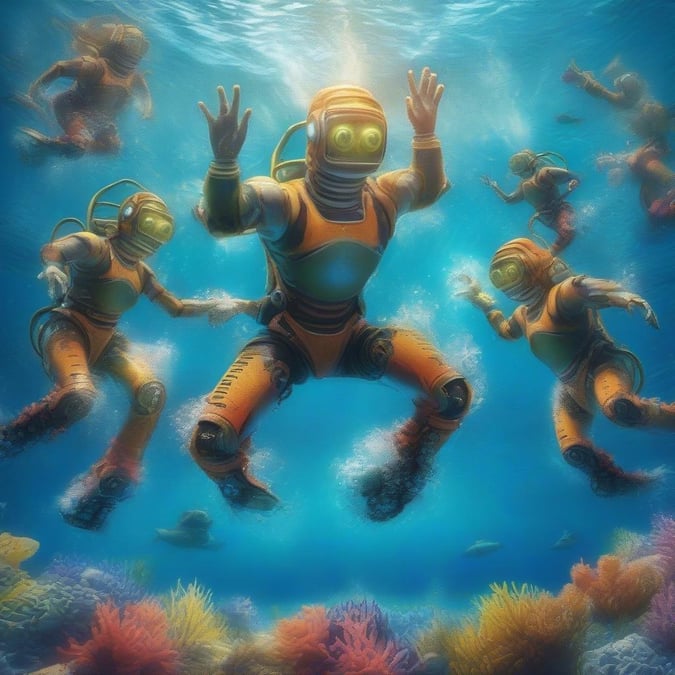 Dive into the depths of the ocean with this stunning wallpaper featuring a group of robots exploring the underwater world. The vibrant colors and intricate details make for a visually captivating scene that's perfect for desktop and mobile use.