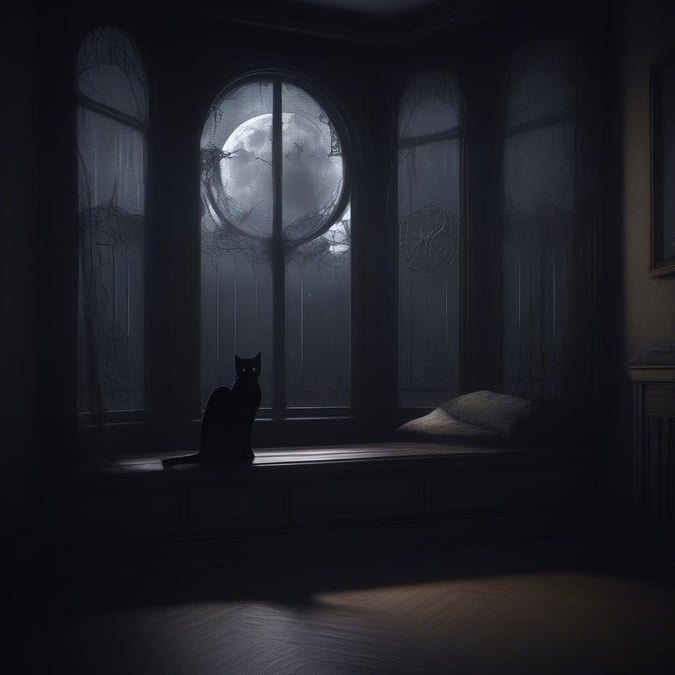 The cat sits at the window as the full moon rises, casting a mysterious glow that enhances the haunting ambiance. This wallpaper is perfect for setting the tone of a spooky night or celebrating the spirit of Halloween.