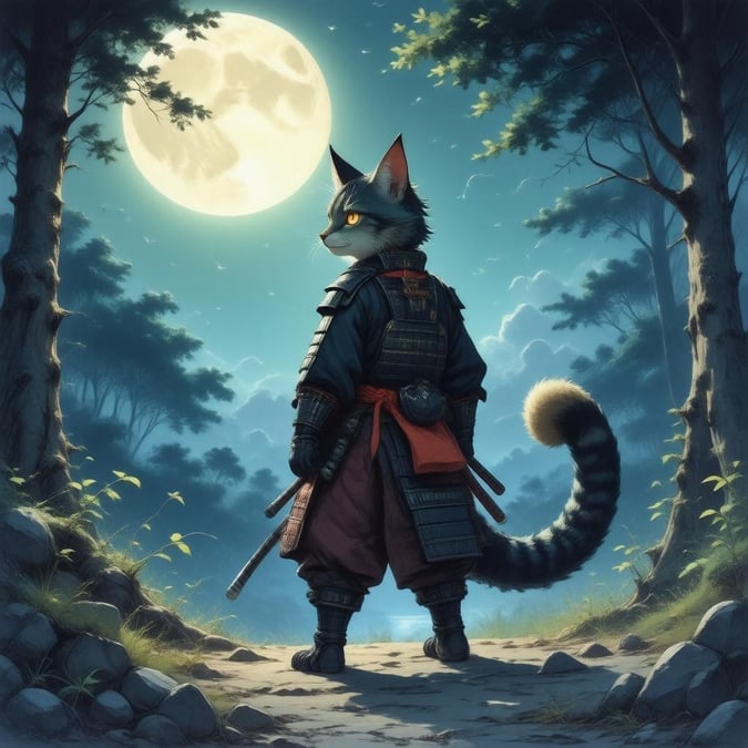 This anime illustration features a samurai standing at the edge of a forest, its vibrant green and brown fur contrasting the dark background. The samurai is positioned at the center of the image, facing towards the left, with its tail curled to the right, and its eyes glowing with an anime style. The moon shines brightly in the sky, casting a warm glow on the forest floor below, creating a serene and peaceful atmosphere.