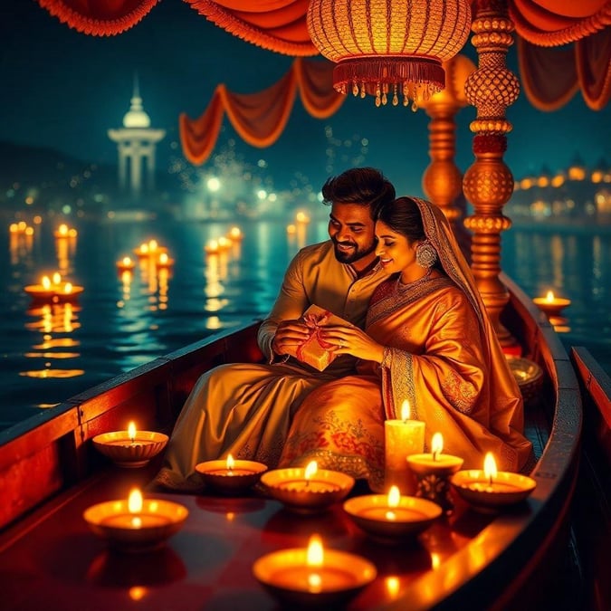 A couple in traditional Indian attire enjoys a romantic evening on the water, celebrating the festive spirit of Diwali with candlelight.