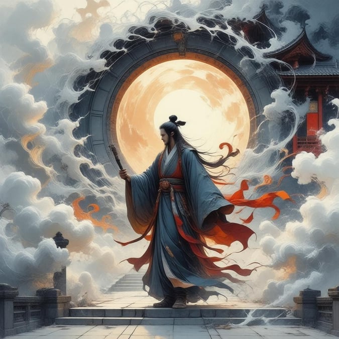 Immerse yourself in the mystical world of anime with this captivating wallpaper featuring a mysterious figure in a traditional Heian-era temple, surrounded by swirling magical energy.