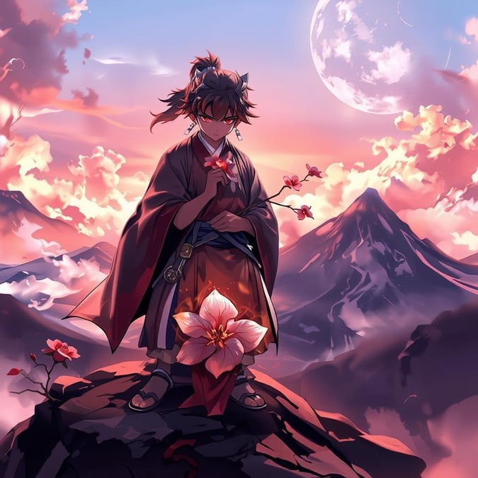 This stunning anime wallpaper features a young samurai standing on a mountain peak, surrounded by a misty background and a bright sky. The samurai's feet are raised, holding pink flowers, while his feet are adorned with a red and white flower. The scene is bathed in warm light, exuding a sense of calm and serenity.