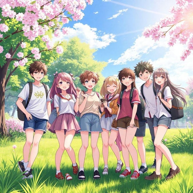 A group of anime characters enjoying a day in the park.