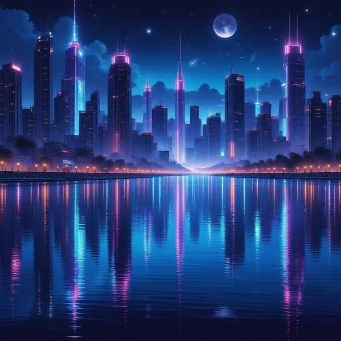 Immerse yourself in the vibrant world of anime with this stunning cityscape wallpaper, featuring a futuristic metropolis with neon lights reflecting off a tranquil lake.