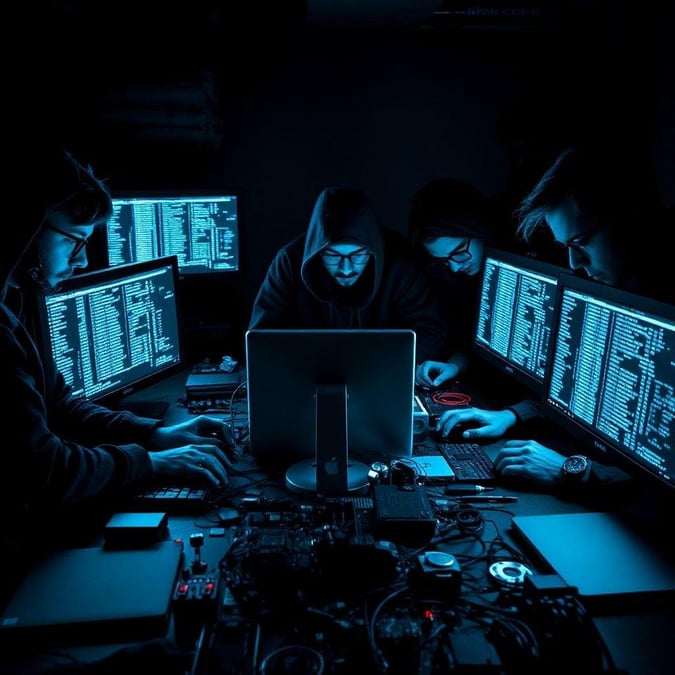 A team of cybersecurity experts immersed in their work, surrounded by the glow of computer screens and the hum of tech.