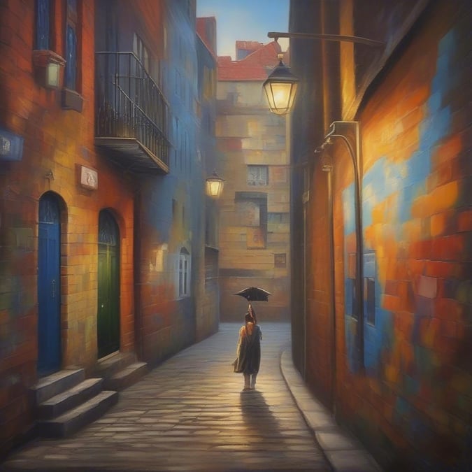 A tranquil alley scene, possibly in Paris or another picturesque location. A solitary figure navigates the cobblestone street, a parasol adding to the dreamy ambiance.