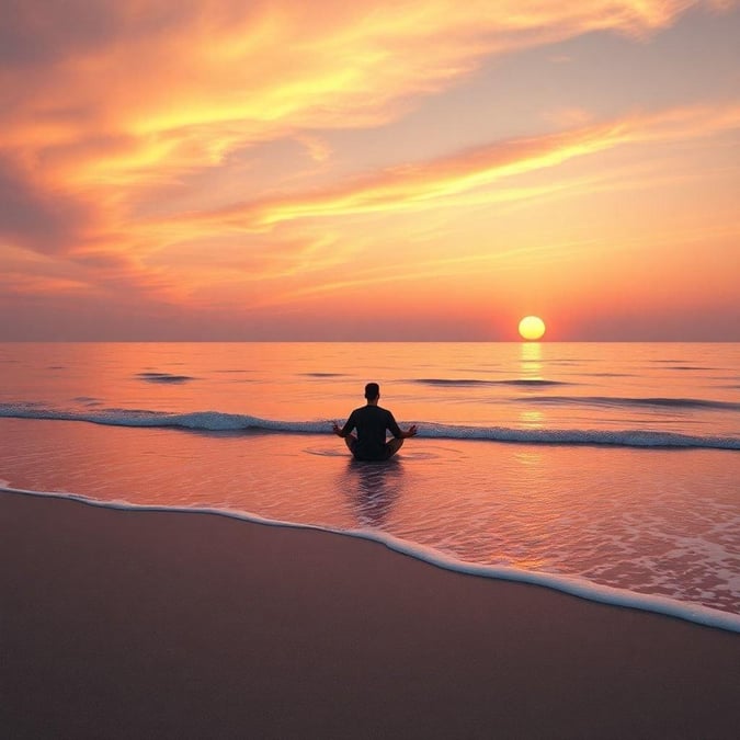 An inspirational beach scene at sunset, featuring a person in yoga pose on the shoreline. Enjoy the calming effects of nature's colors and the serene atmosphere.