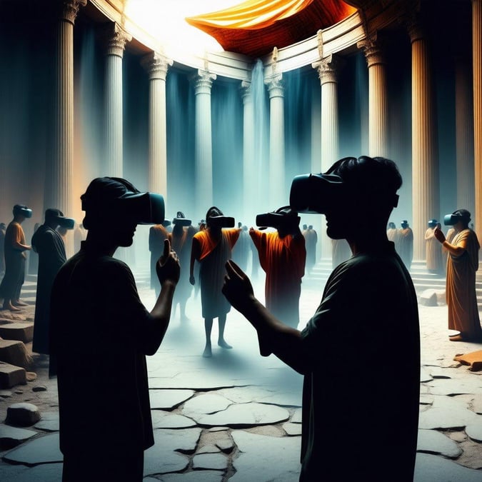 Step into the past with this unique wallpaper featuring people in ancient Greek attire using virtual reality headsets. The image showcases the fusion of ancient and modern technology, blending the historical setting with the futuristic aspect of VR. This captivating scene invites viewers to imagine a world where ancient civilizations embraced cutting-edge technology.