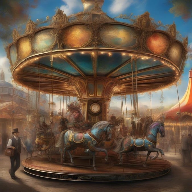 Step into the enchanting world of this vintage carousel, featuring four majestic horses, each with its own unique character. The carousel is set against a backdrop of a bustling carnival atmosphere where laughter and excitement fill the air.