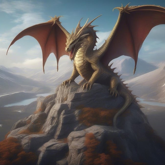 A majestic dragon, full of life and energy, sits atop a rocky mountain peak overlooking a serene landscape. The vivid colors in this wallpaper image capture the essence of fantasy characters from the world of myths and legends.