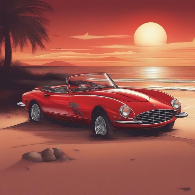 Enjoy the ultimate beach driving experience with this classic sports car. Surrounded by palm trees and the golden glow of a tropical sunset, it's ready for an adventure at any time.