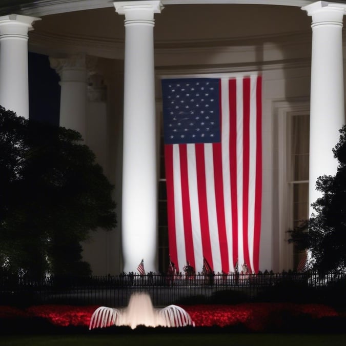 This image captures the illuminated American flag on Independence Day night, showing the iconic symbol of national pride glowing under the dark sky. The White House setting, with its classic architecture and well-kept lawns, creates a picturesque scene that encapsulates the spirit of American celebration.