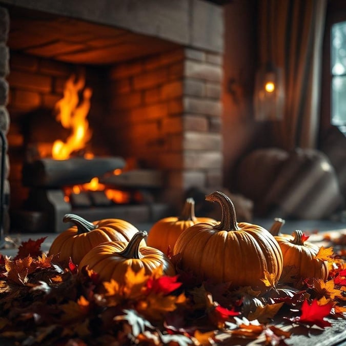 Savor the warmth and spirit of fall with this inviting autumn-themed wallpaper. A crackling fireplace creates a comfortable ambiance, while a bounty of freshly harvested pumpkins adds a festive touch.