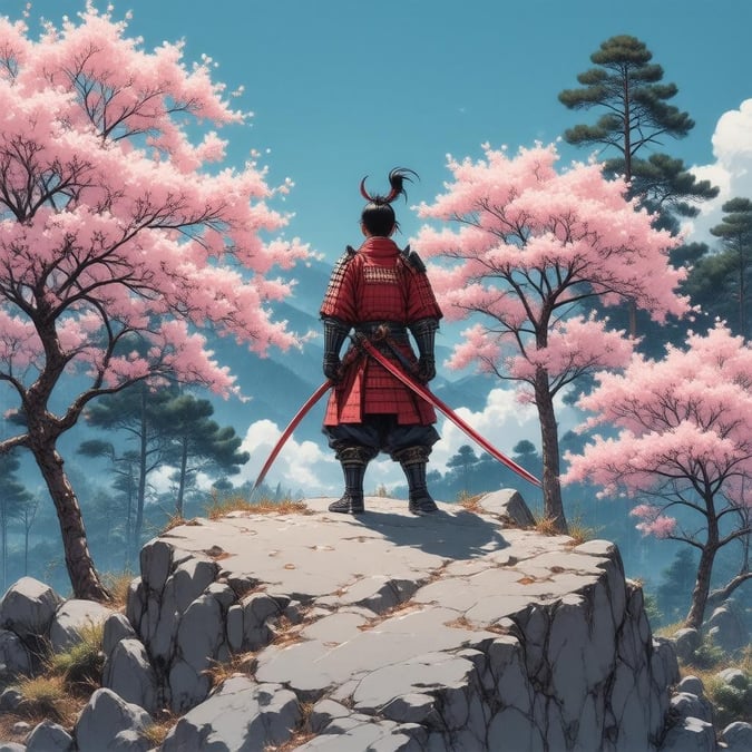 Diese atemberaubende Anime-Illustration zeigt einen Samurai, der stolz auf einem Berg von Kirschblütenbäumen steht, umgeben von der ruhigen Schönheit der Natur. Das detaillierte Kunstwerk zeigt die komplizierte Rüstung des Samurai und die lebendigen rosa Farbtöne der Kirschblüten, die eine atemberaubende Szene schaffen, die dich in eine Welt voller Fantasie und Abenteuer entführt.