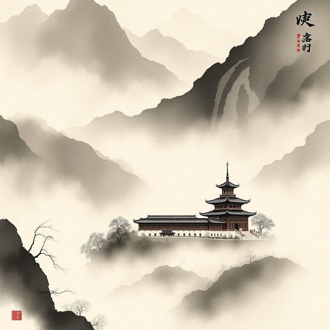 Historic Buddhist temple perched high in the misty mountains, an iconic example of traditional Chinese architecture.