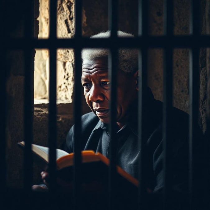 In the quiet solitude of his cell, an iconic figure finds a moment of peaceful introspection amidst life's challenges.