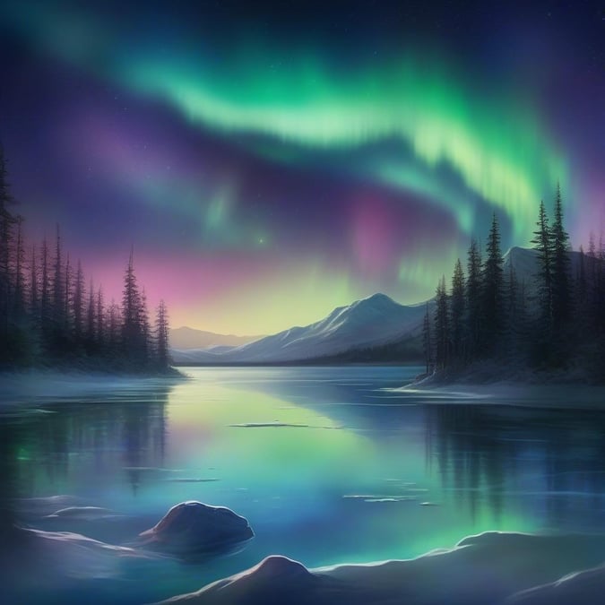 Gaze at the breathtaking beauty of the aurora borealis, a natural light display that paints the night sky with vibrant colors. This stunning wallpaper is perfect for desktop and mobile use, bringing a touch of the Arctic wonder to your device.