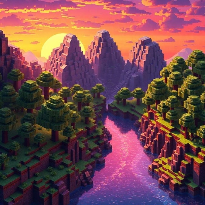 A breathtaking view in the world of Minecraft with stunning sunset, rocky terrain, trees, a river, and mountains on the horizon.