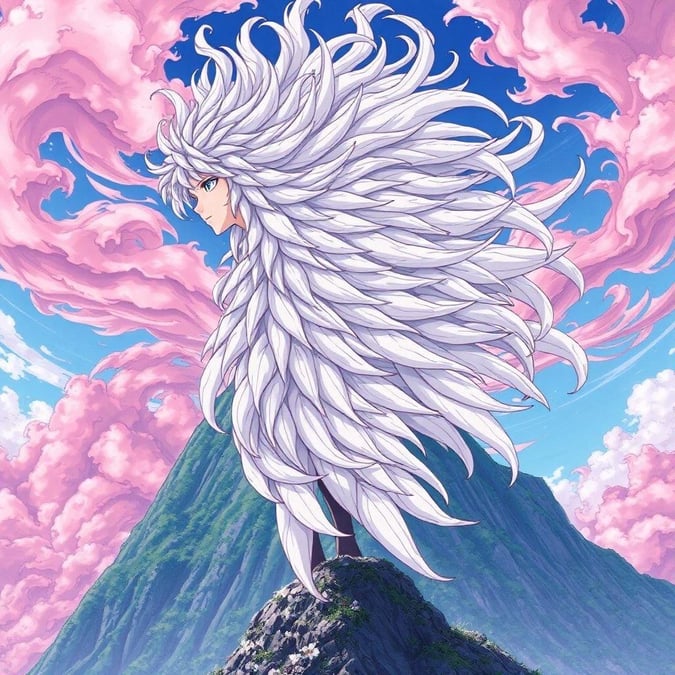 In a world brimming with fantasy, a mystical warrior woman stands tall atop a floating mountain. Her long white feather-like hair cascades down her back, while she gazes off to the left with a serious expression. The pink and purple swirls of clouds fill the sky behind her, creating an ethereal backdrop for this adventurous scene.