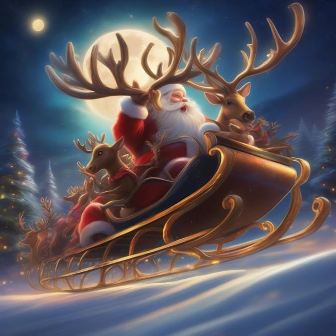 This festive wallpaper features Santa Claus riding in his sleigh, pulled by reindeer, as he delivers presents on Christmas Eve. The image captures the magic and wonder of the holiday season, with Santa's jolly face and the reindeer's antlers adding to the festive atmosphere.