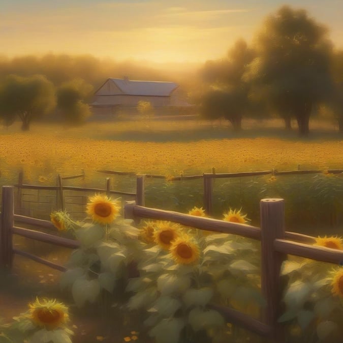 A serene landscape of a sunflower field at sunrise, with vibrant yellow flowers and a warm, golden light.